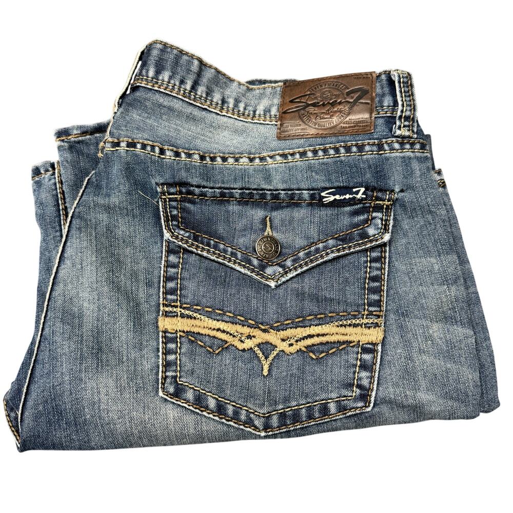 Seven7 Jeans Boot Cut Flap Pockets Blue Denim Mens 40x32 (40x31 ACTUAL) HEM WEAR